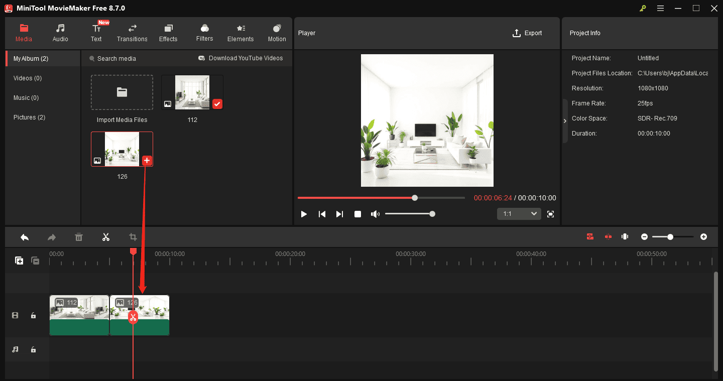 MiniTool MovieMaker interface showing how to add a photo/video to the timeline.