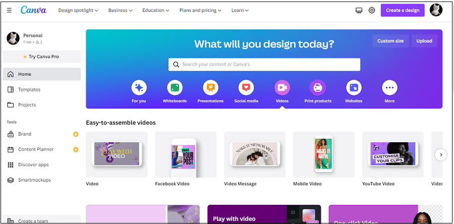 The home page of Canva.