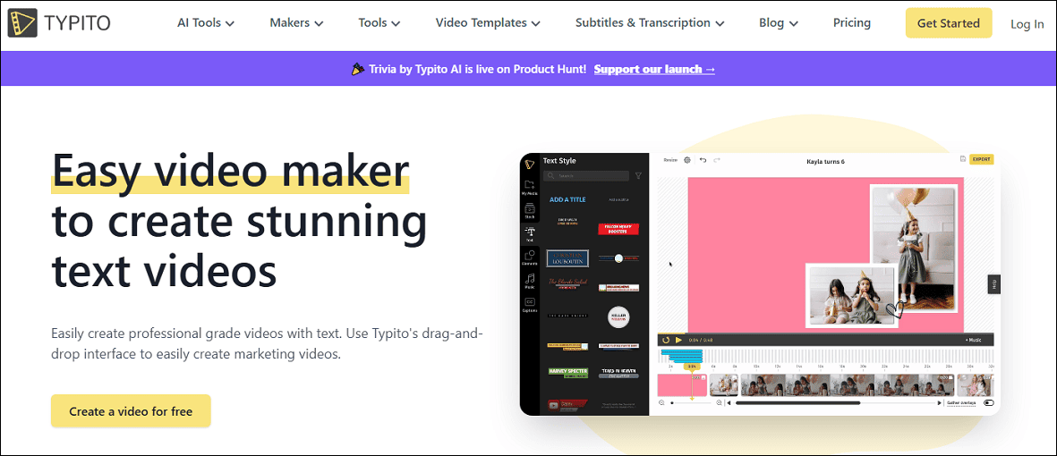 The home page of the Typito website.