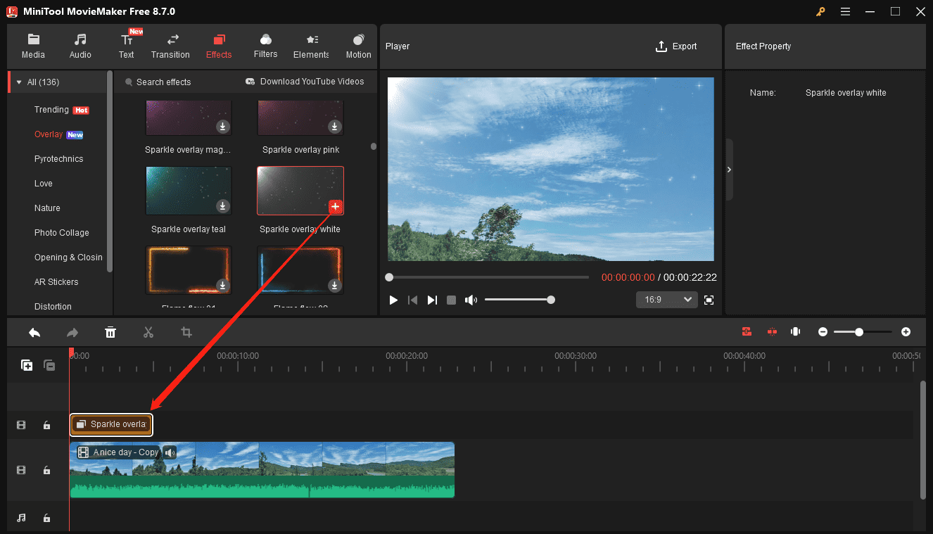 MiniTool MovieMaker interface showing how to add an effect to the video.