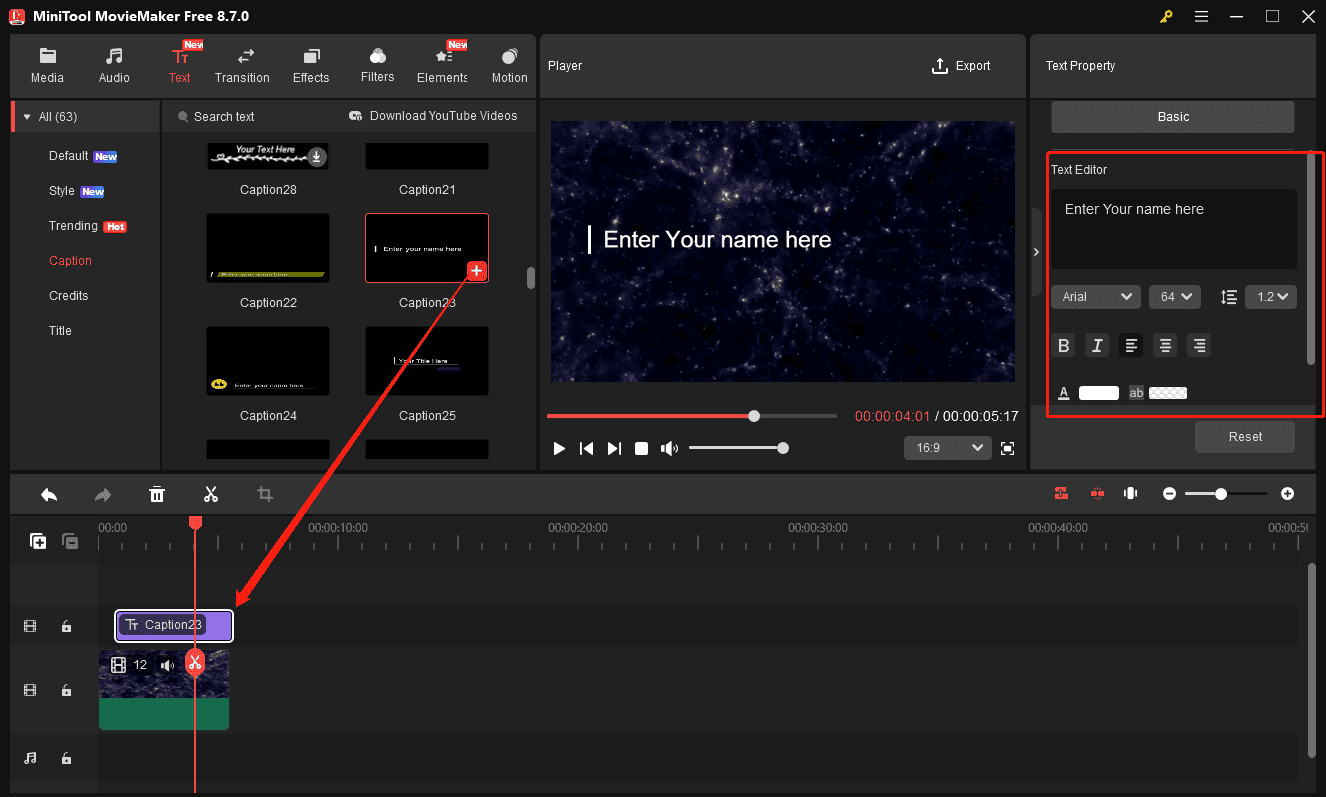 MiniTool MovieMaker interface showing how to add a caption to the video and where to edit the text.