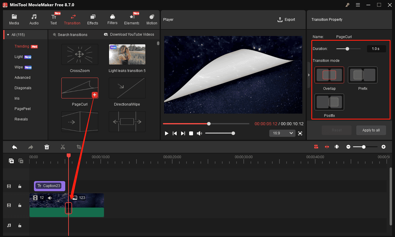 MiniTool MovieMaker interface showing how to add a transition to the video.