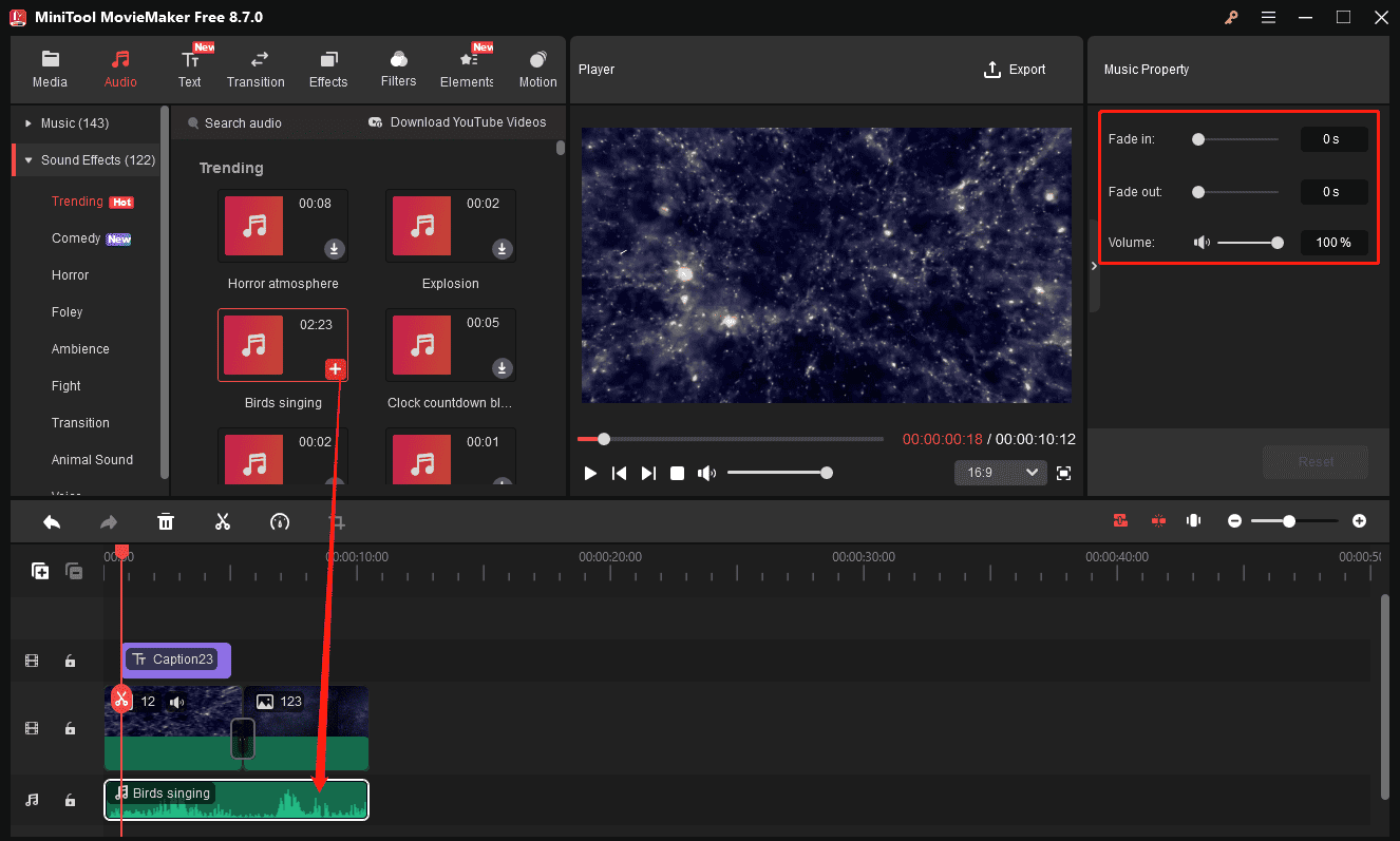 MiniTool MovieMaker interface showing how to add audio to the video and where to edit the audio.