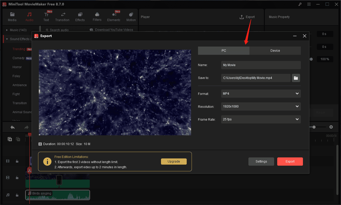MiniTool MovieMaker interface showing how to open the Export window.