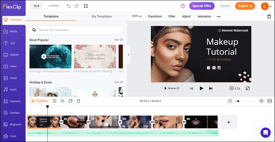 The editing page of FlexClip.