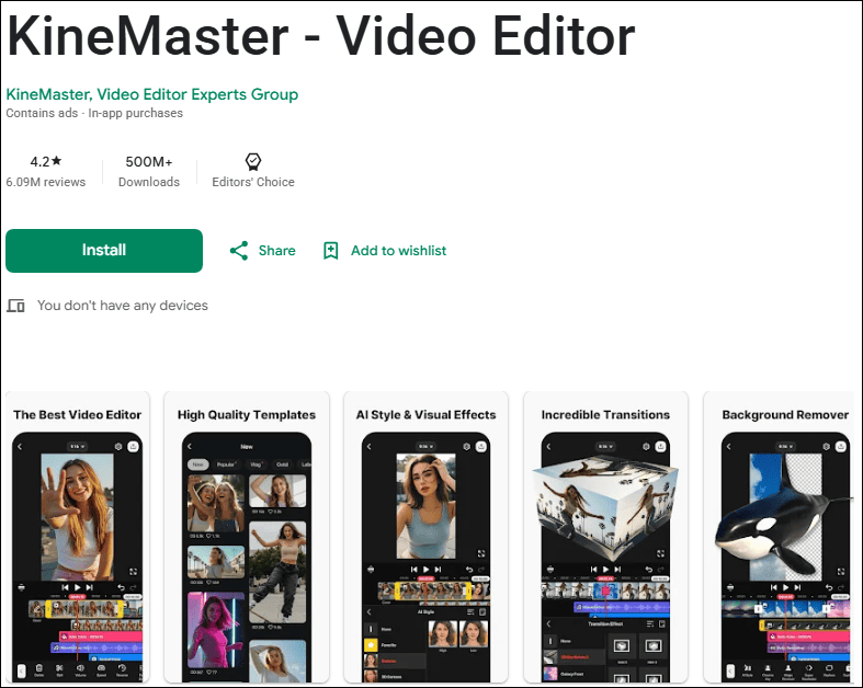 The detail page of KineMaster on the Google Play Store.