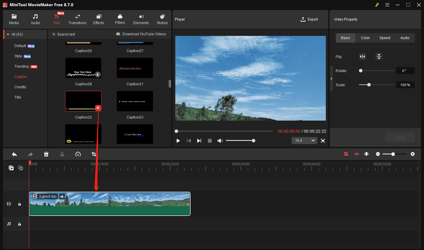 MiniTool MovieMaker interface showing how to add a caption template to the video.