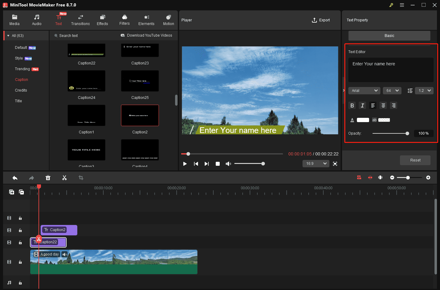 MiniTool MovieMaker interface showing how to edit text.