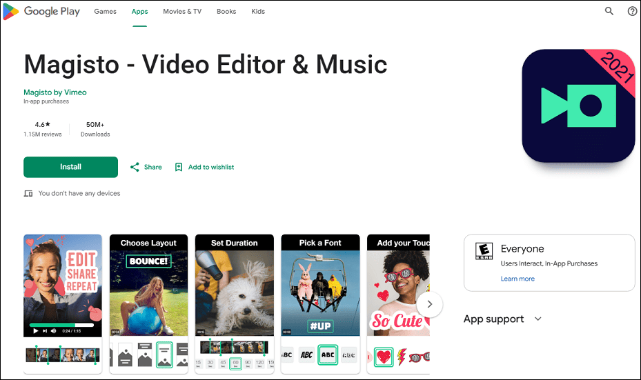 The detail page of Magisto in the Google Play Store.