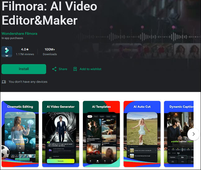 The detail page of Filmora in the Google Play Store