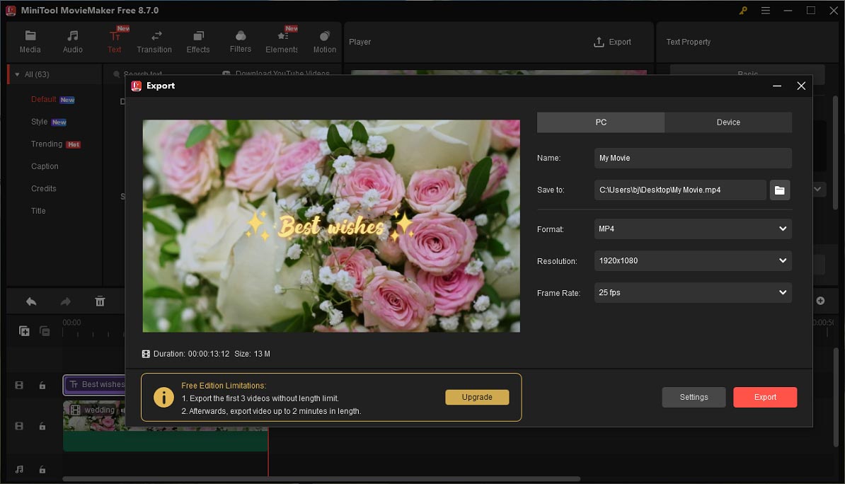 The export window of MiniTool MovieMaker.