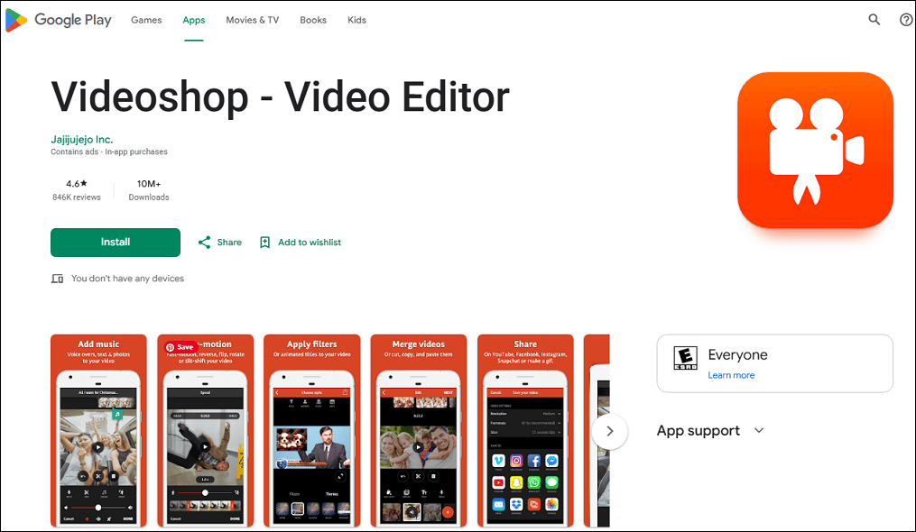 The detail page of Videoshop in the Google Play Store.