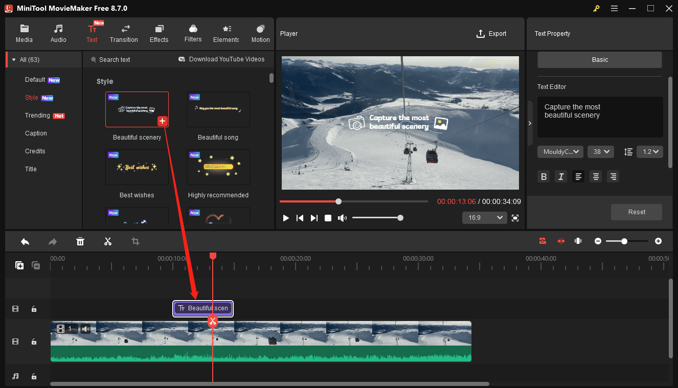 MiniTool MovieMaker interface showing how to add a caption template to the timeline.