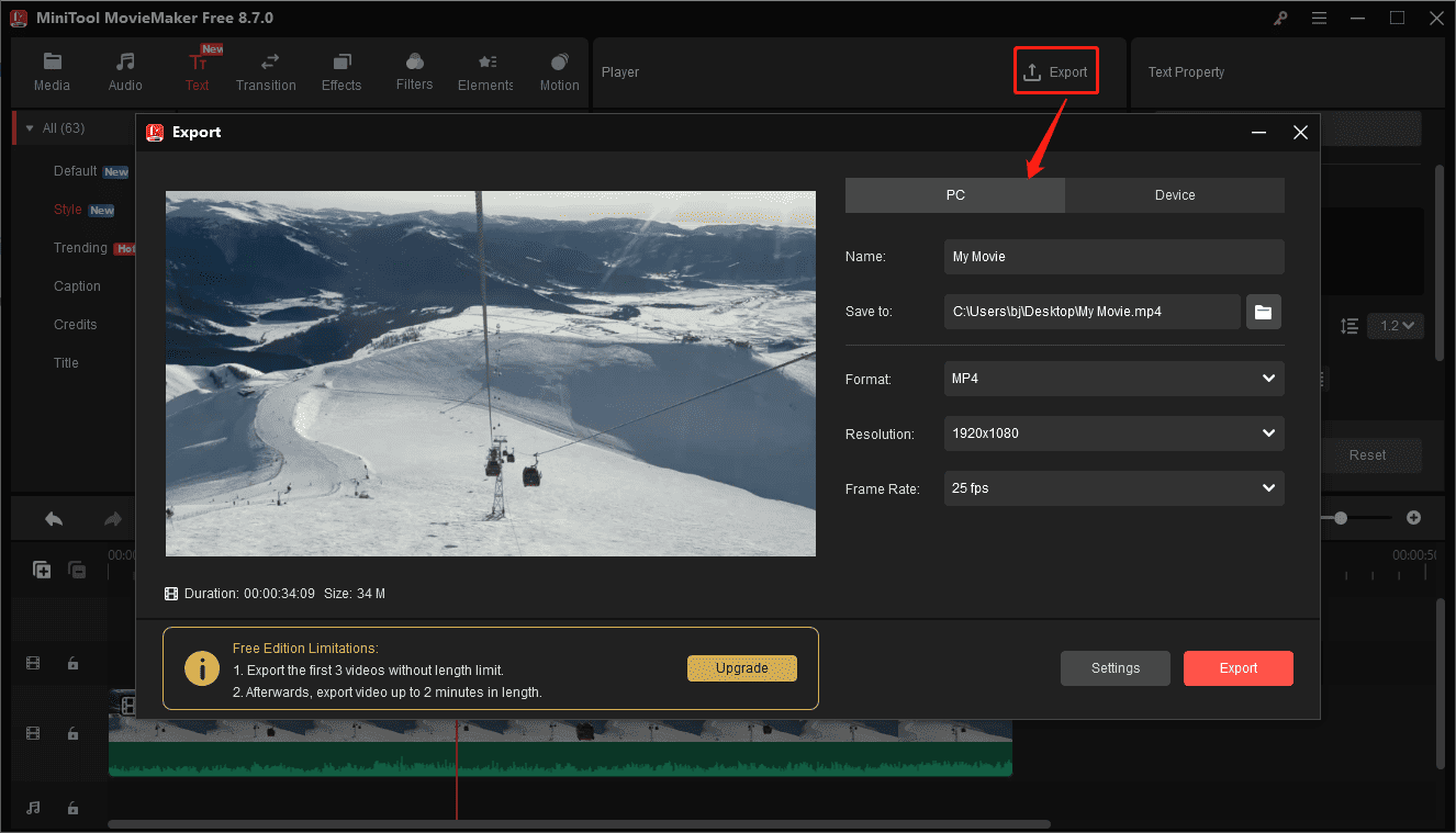 MiniTool MovieMaker interface showing how to export a video.