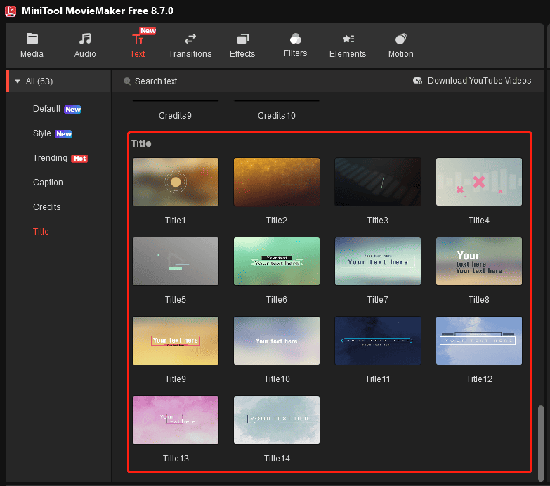 MiniTool MovieMaker resource panle with the selected title templates.