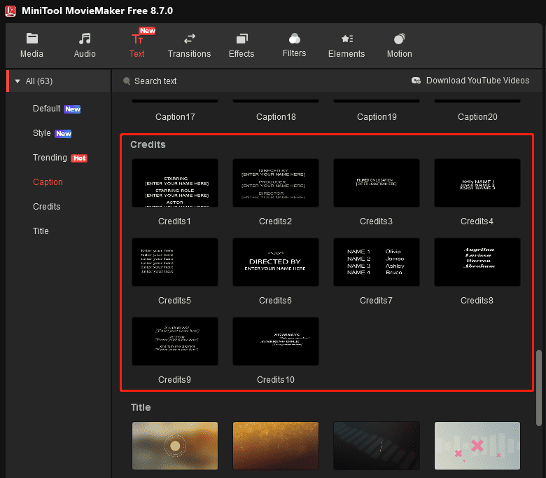 MiniTool MovieMaker resource panle with the selected credits templates.