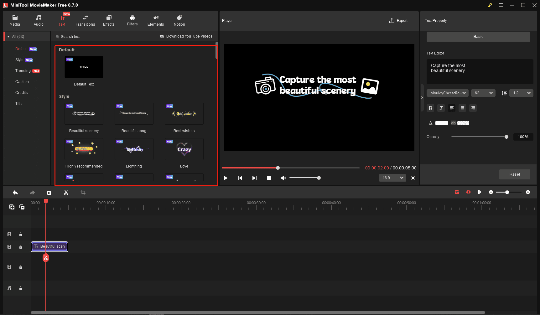 MiniTool MovieMaker interface with the highlighted Default Text and Style Text templates.