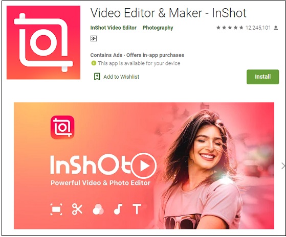 The detail page of InShot in the Google Play Store.