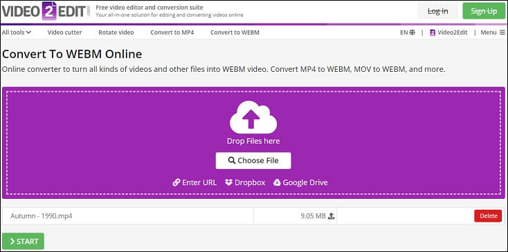The file uploading page of Video2Edit WebM converter.