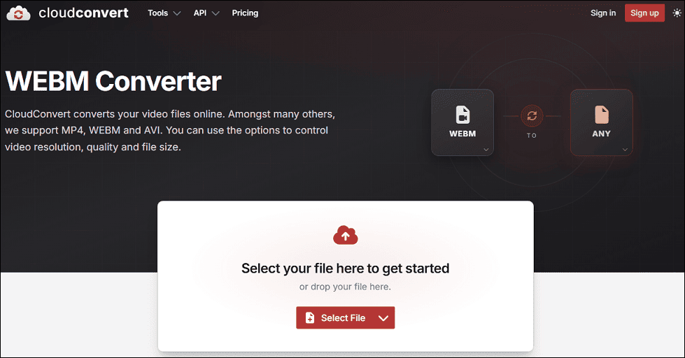CloudConvert WebM Converter page with the file uplpad interface.