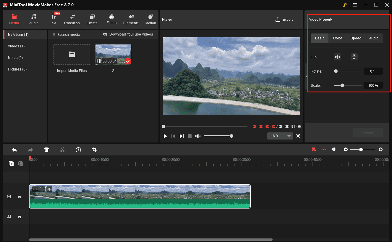 MiniTool MovieMaker interface with the highlighted Video Property section on the right.
