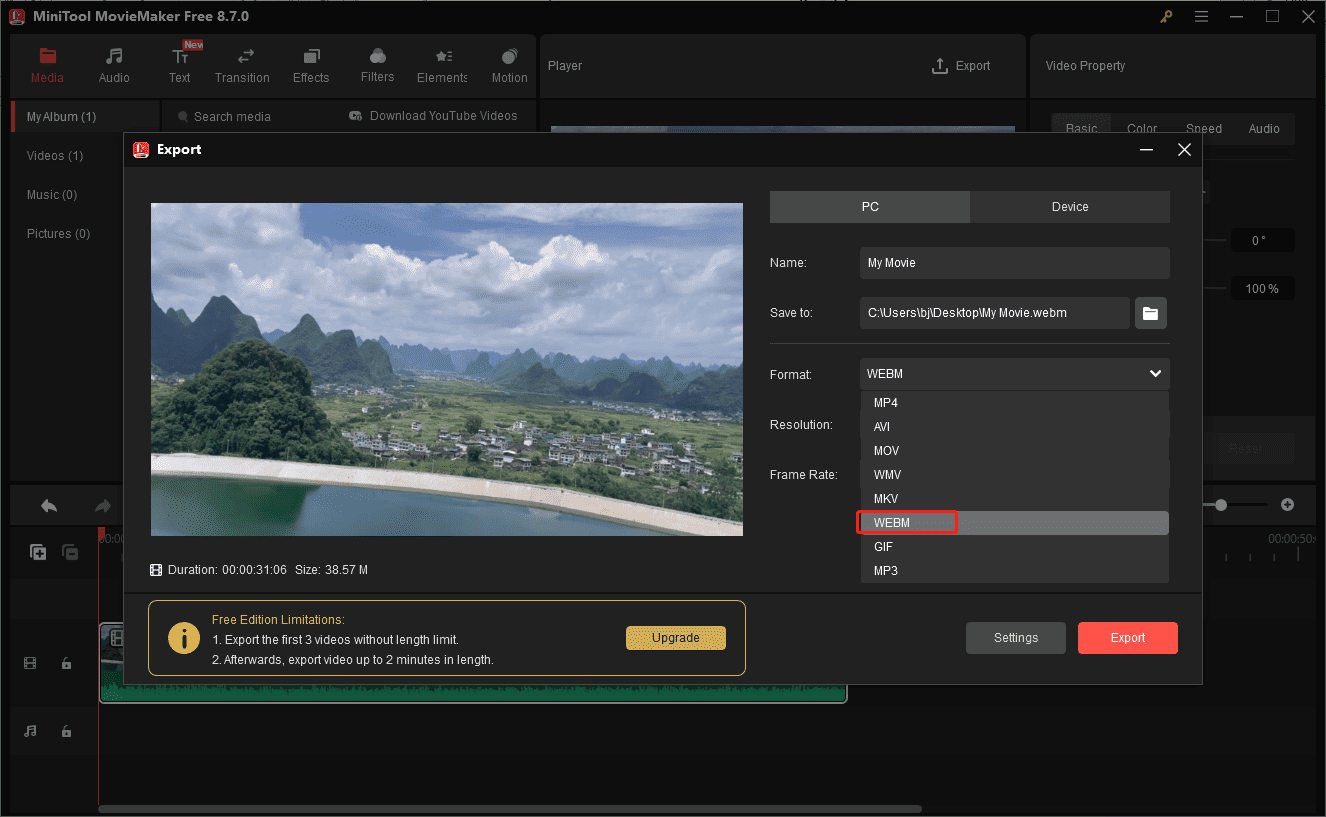 MiniTool MovieMaker Export window on the interface showing how to set the format to WebM.