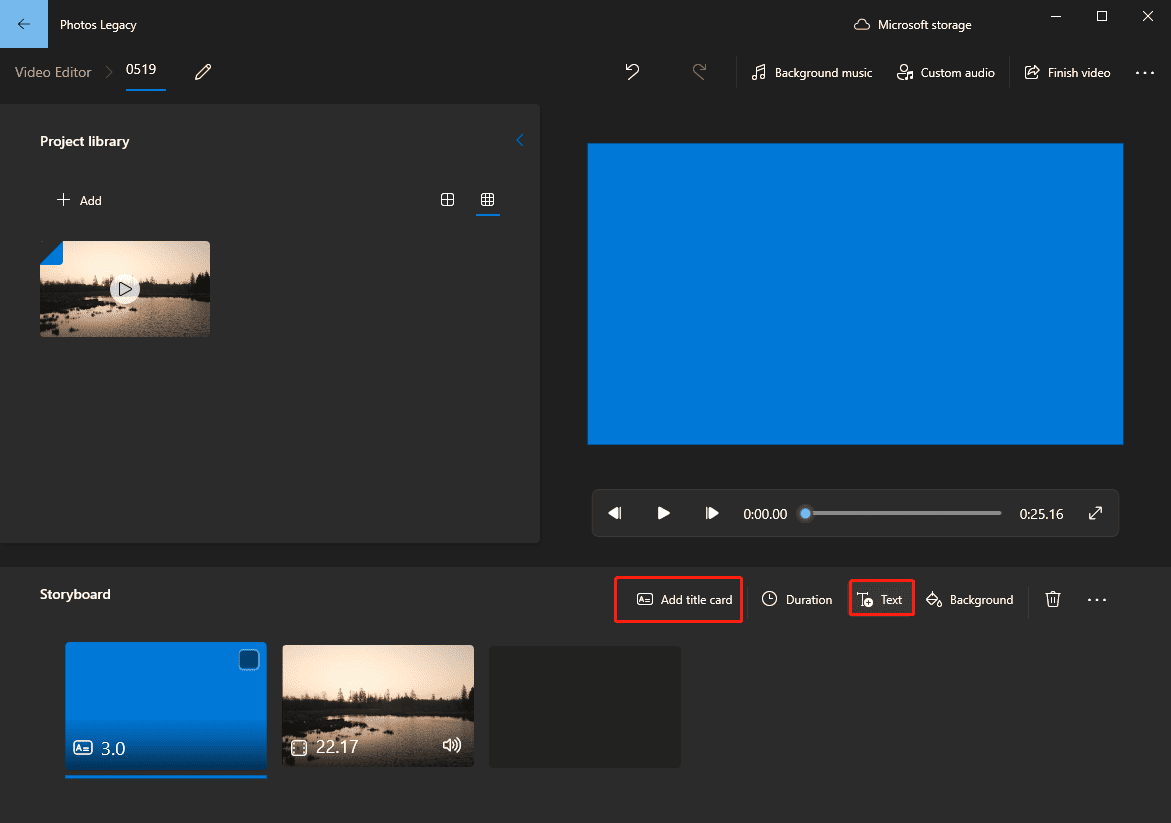 Photos Legacy interface with the selected Add title card and Text options below the player window.