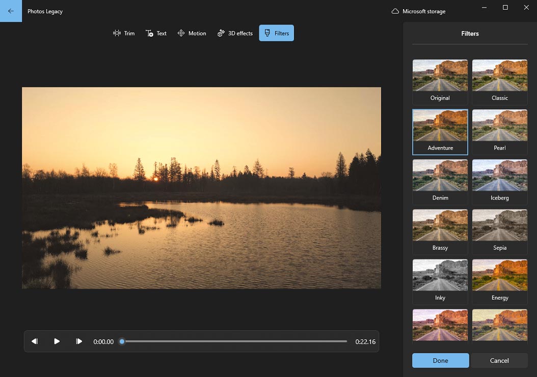 The Filters page in the Photos Legacy.