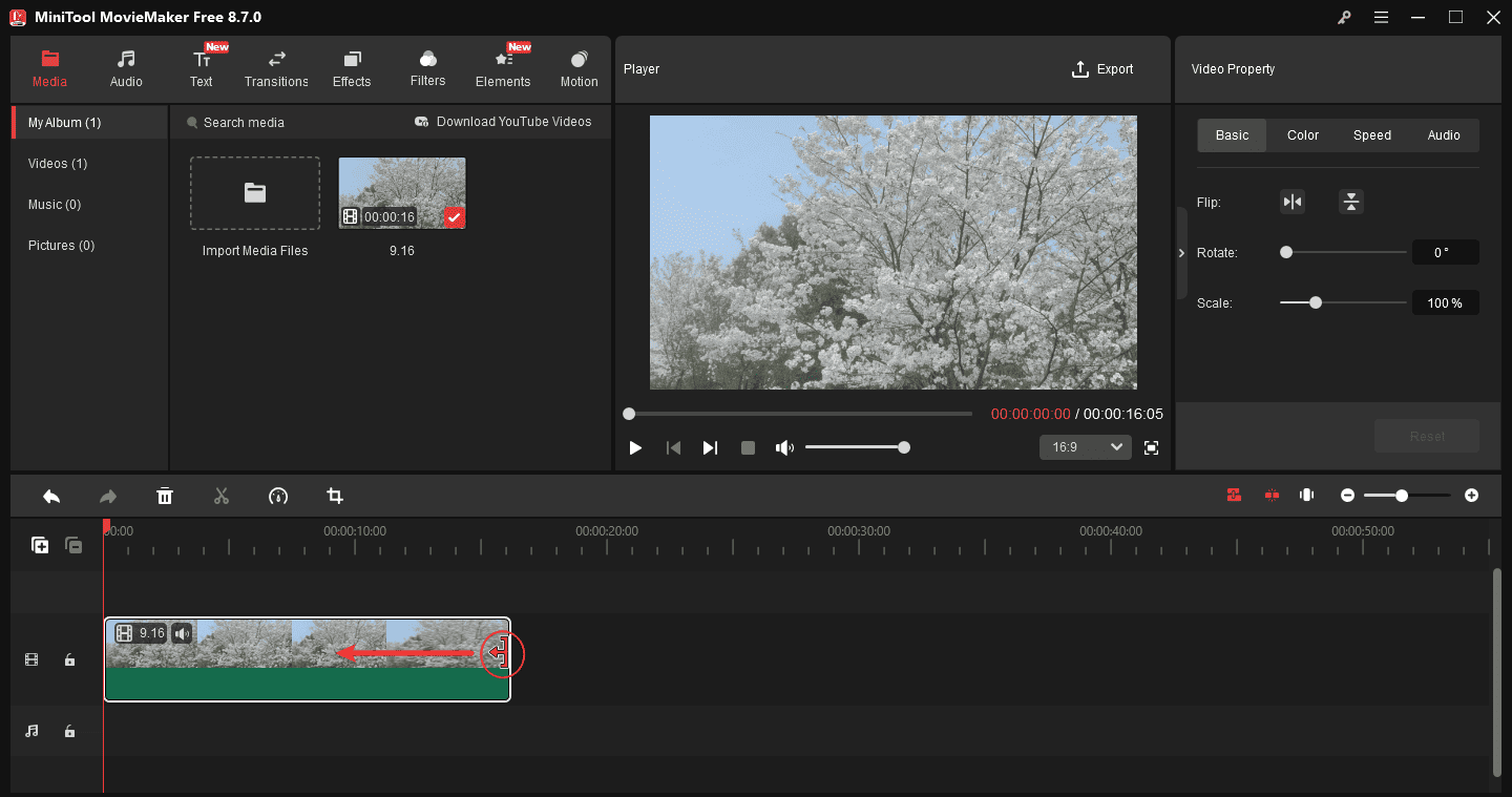 MiniTool MovieMaker interface showing how to trim a video in Windows 11.