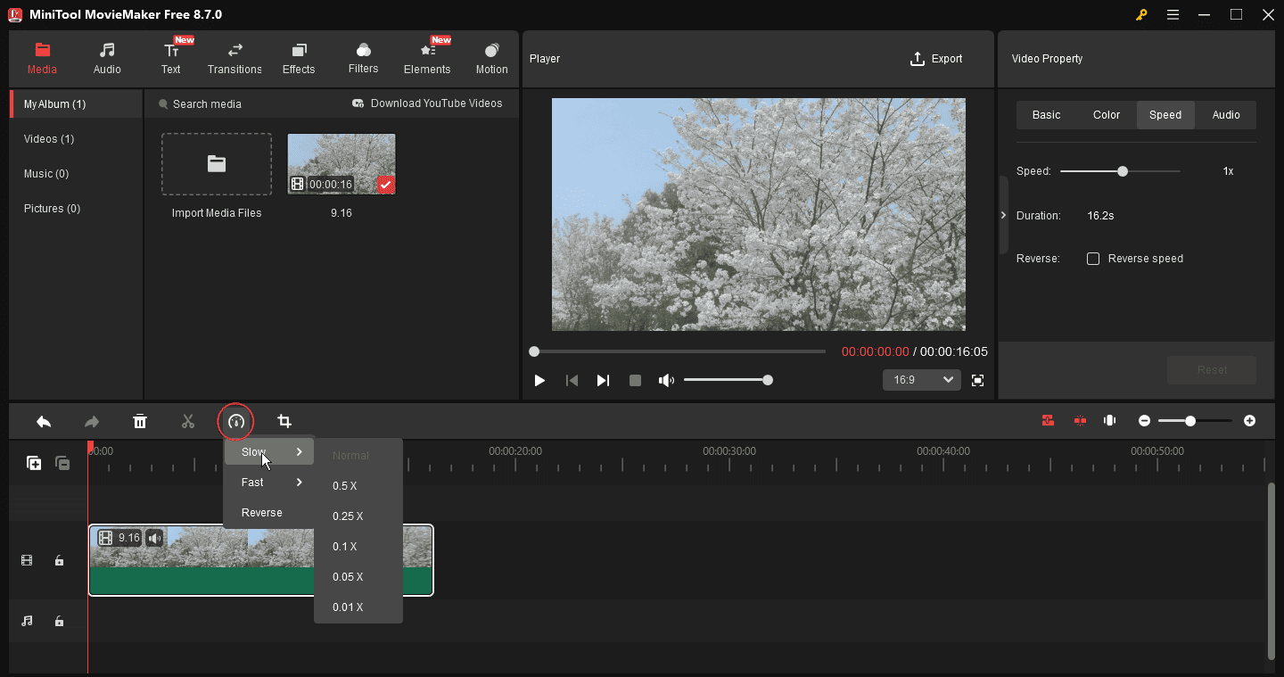 MiniTool MovieMaker interface showing how to change the video playback speed in Windows 11.