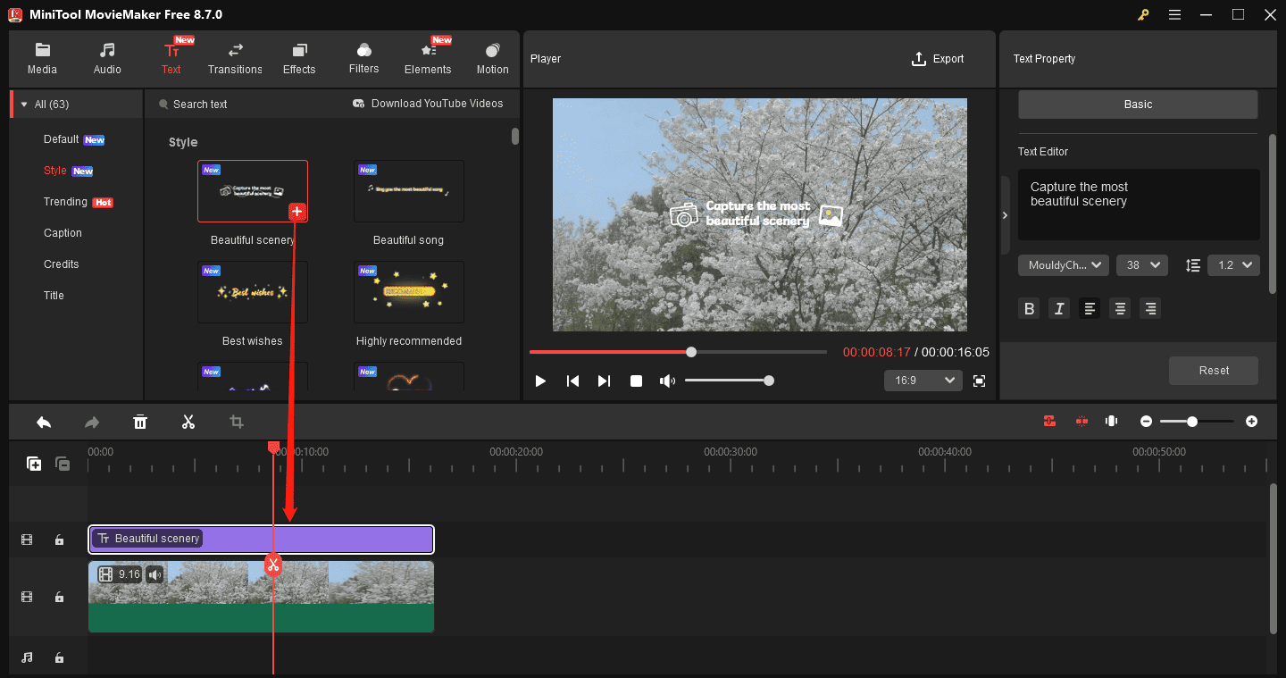 MiniTool MovieMaker interface showing how to add e text template to the timeline in Windows 11.