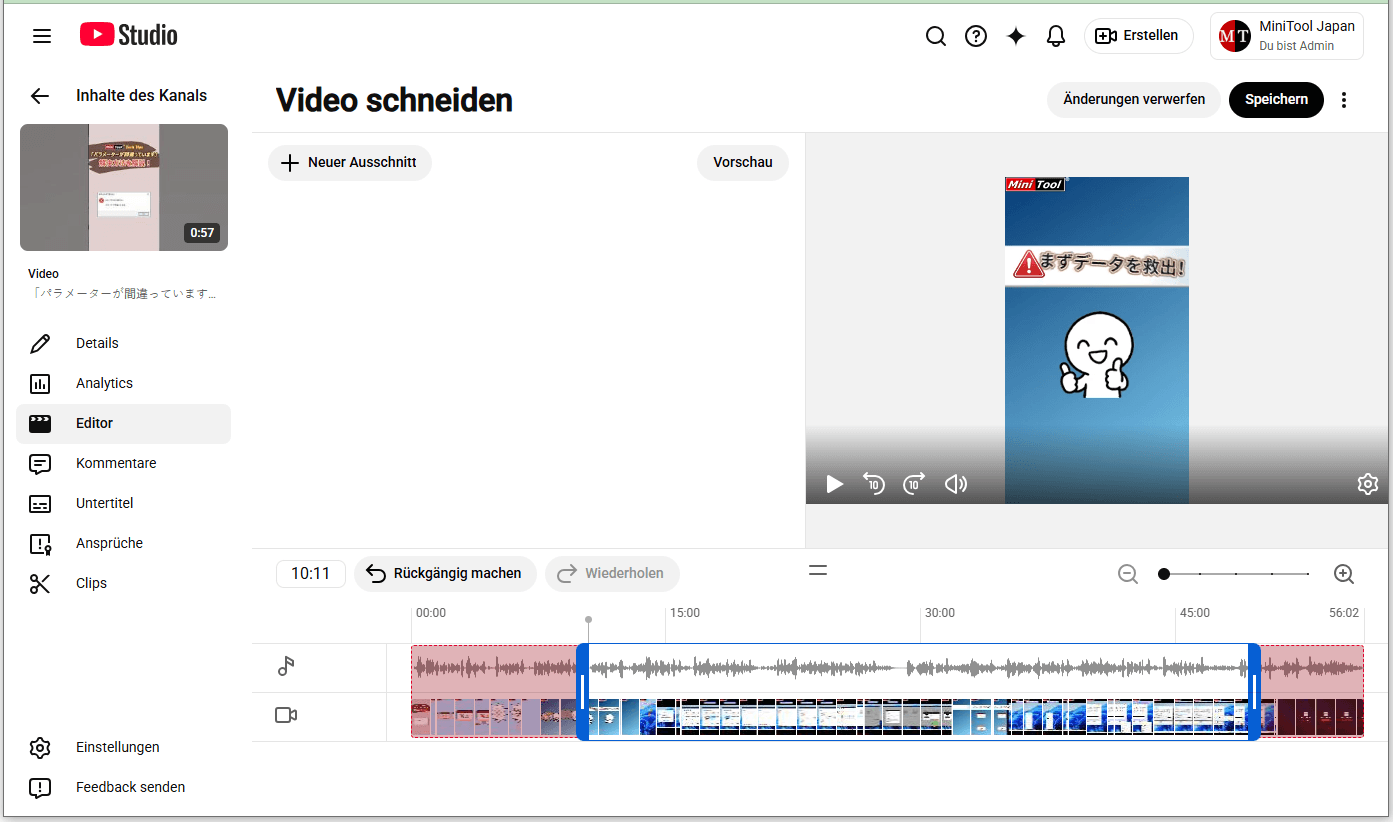 Der integrierte YouTube-Editor zeigt, wie man den Anfang oder das Ende des Videos schneidet.