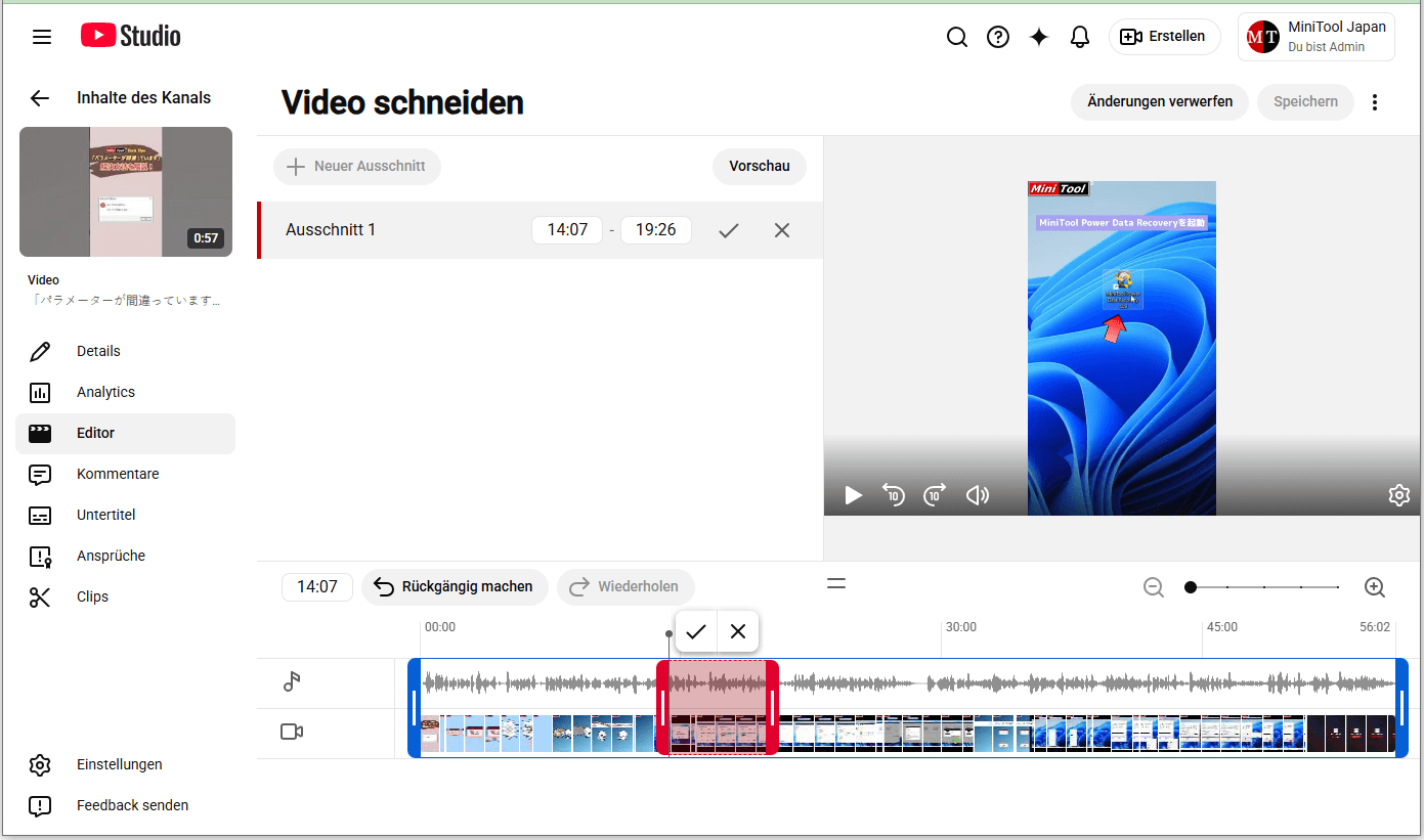 Der in YouTube integrierte Editor zeigt, wie man den mittleren Teil eines Videos löscht.