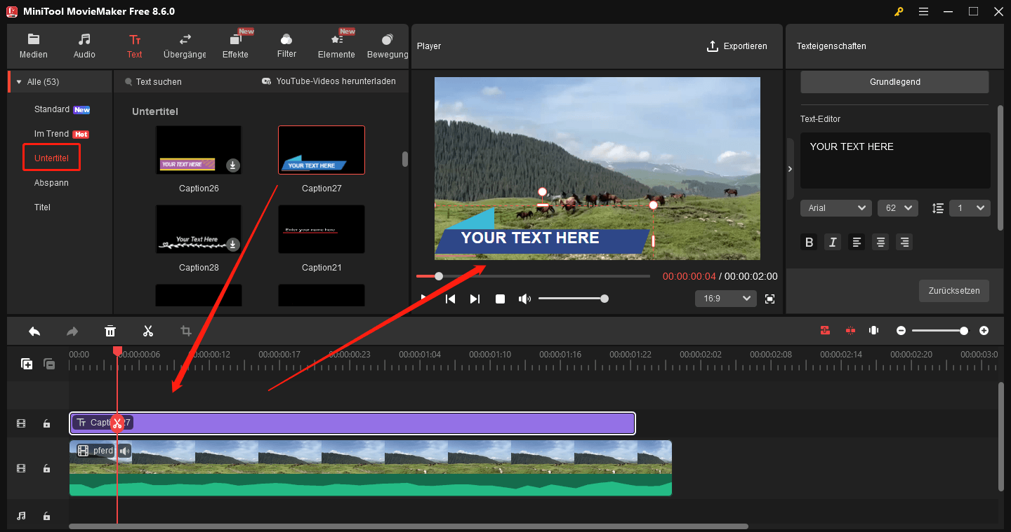 Die Benutzeroberfläche von MiniTool MovieMaker zeigt, wie Sie Untertitel zum Video hinzufügen und bearbeiten können.
