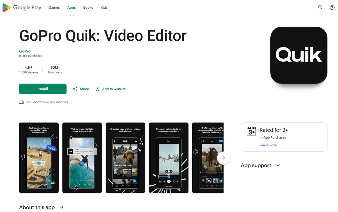 The detail page of GoPro Quick in the Google Play Store.