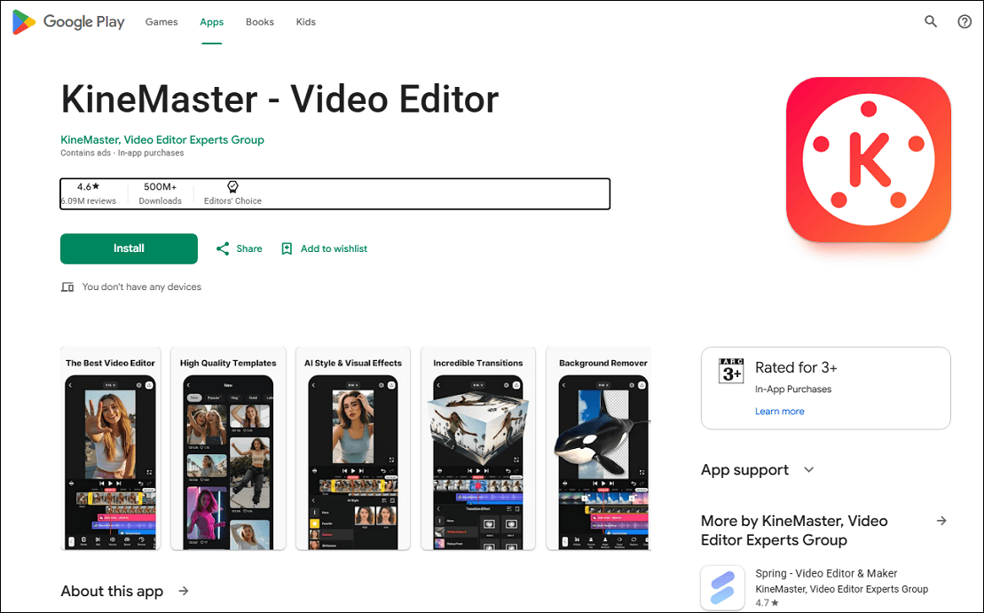 The detail page of KineMaster in the Google Play Store.