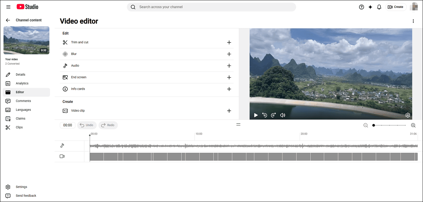 The main interface of YouTube Studio video editor.