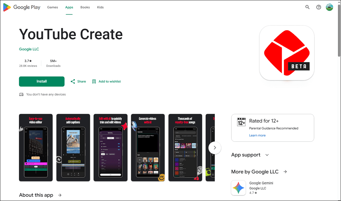 The detail page of YouTube Create in the Google Play Store.