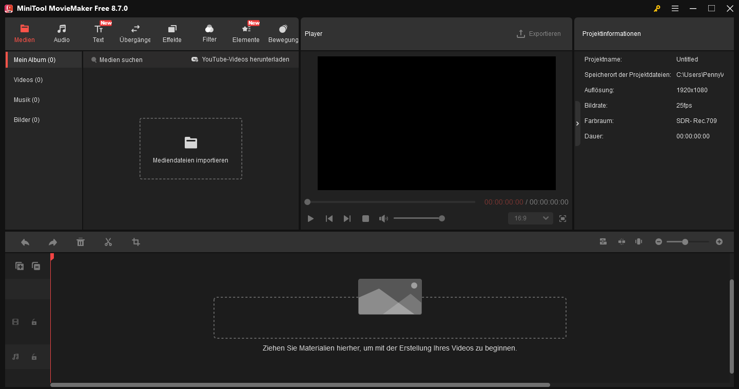 Die Hauptoberfläche von MiniTool MovieMaker.