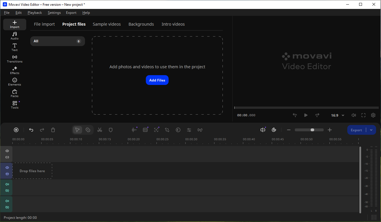 Die Hauptoberfläche des Movavi Video Editors.