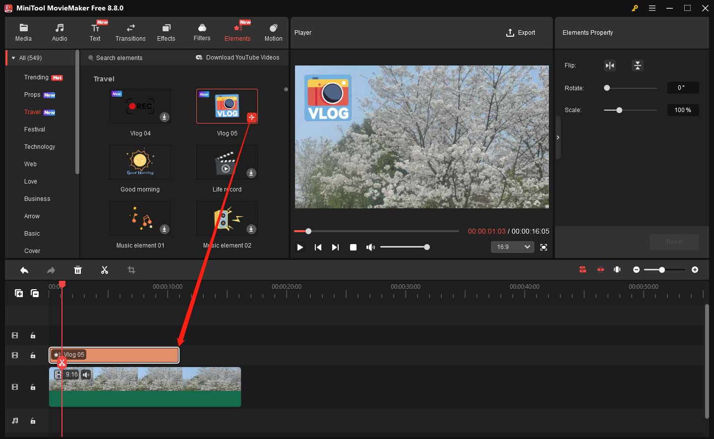 MiniTool MovieMaker interface showing how to add a sticker to the video