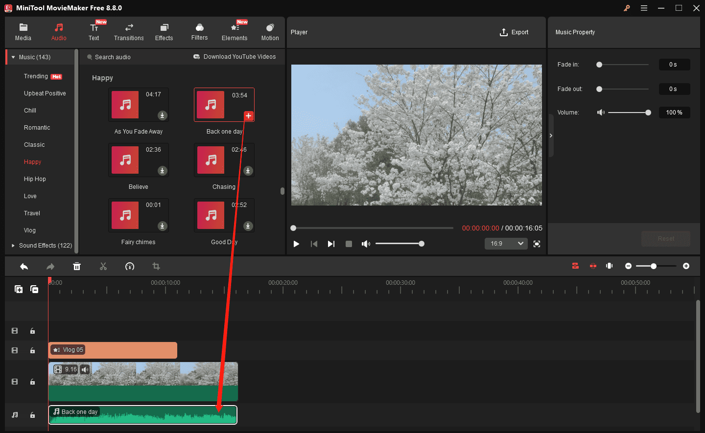 MiniTool MovieMaker interface showing how to add music to the video