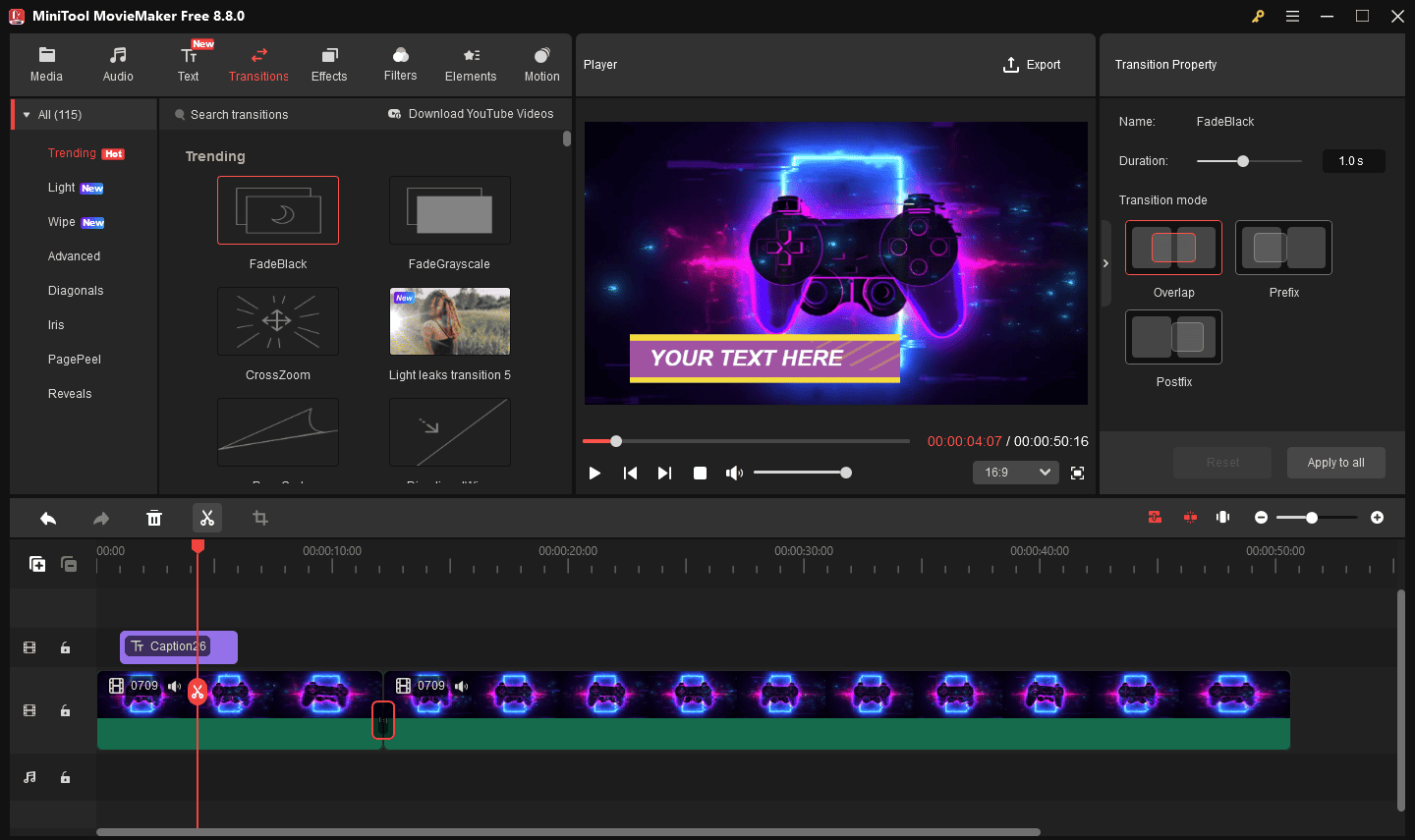 MiniTool MovieMaker interface showing two video clips on the timeline.