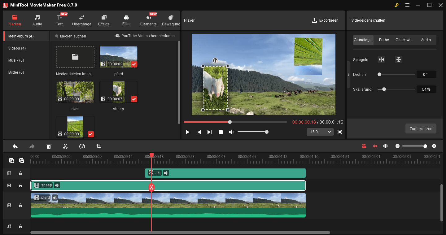 MiniTool MovieMaker-Oberfläche mit einem Video und zwei Overlays.