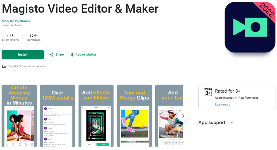 The detail page of the Magisto app in the Google Play Store