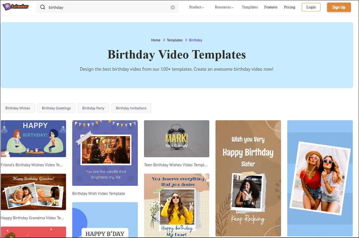 Animaker's birthday video template page