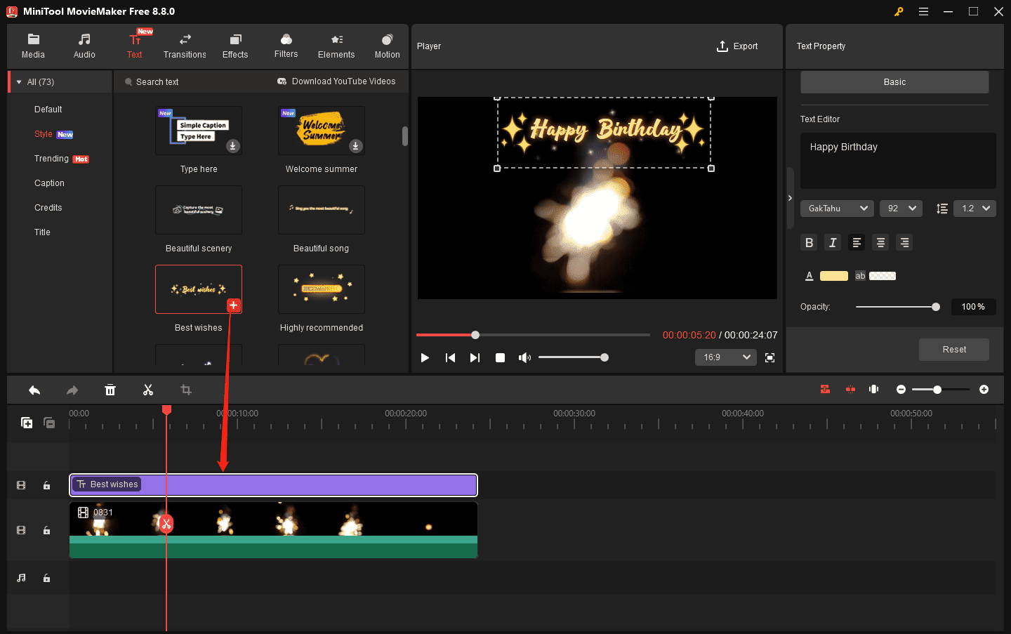 MiniTool MovieMaker interface showing how to add a text template to the timeline