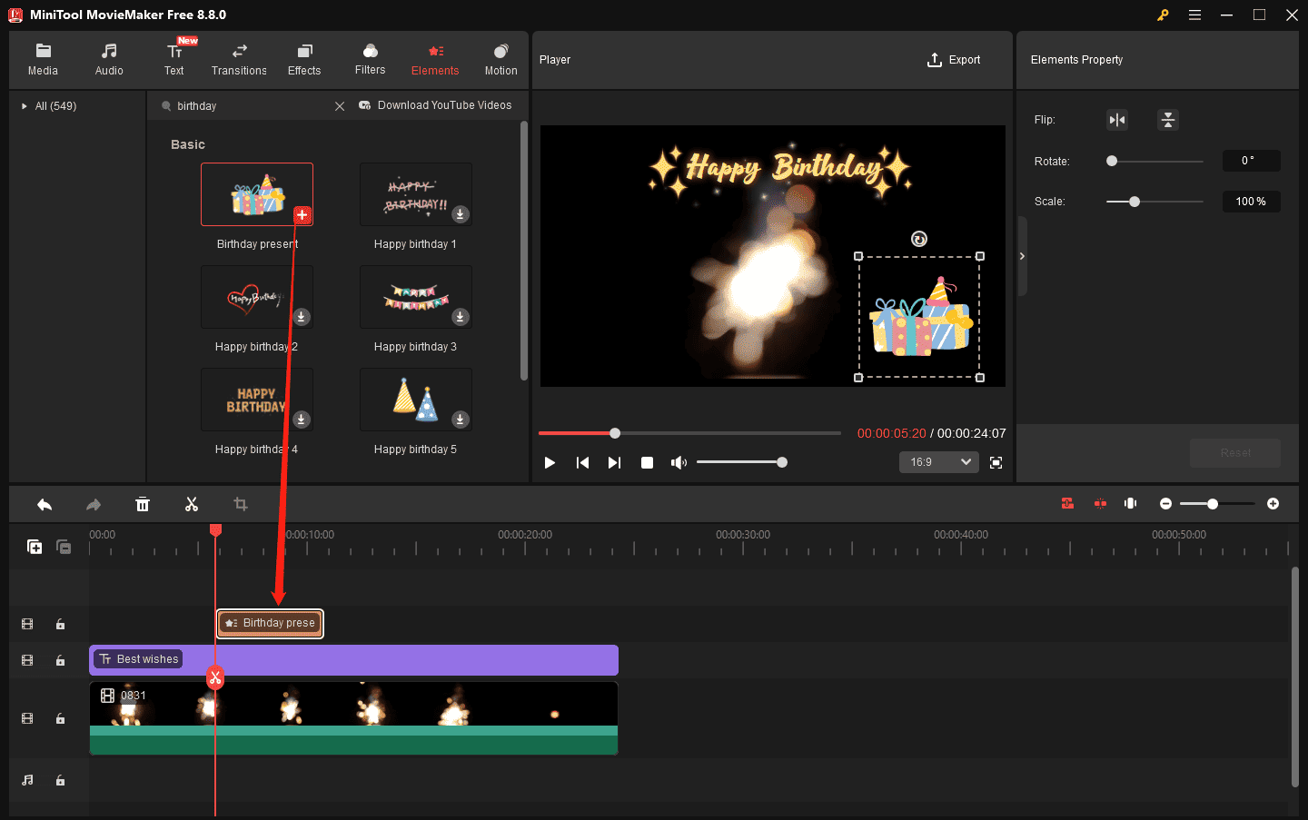MiniTool MovieMaker interface showing how to add a sticker to the timeline
