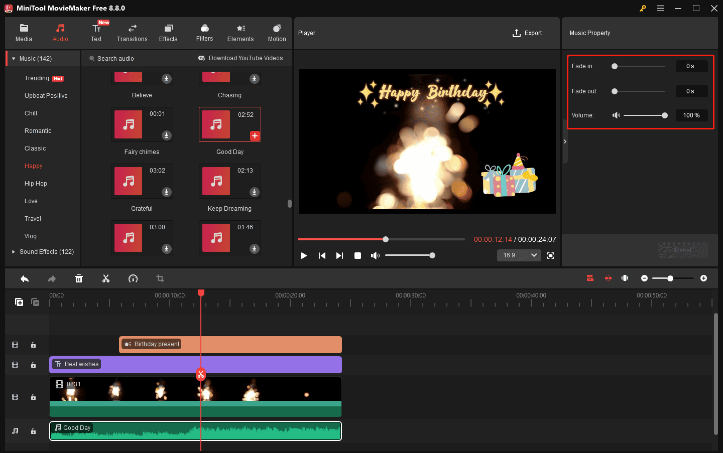 MiniTool MovieMaker interface with the selected Music Property panel on the right panel