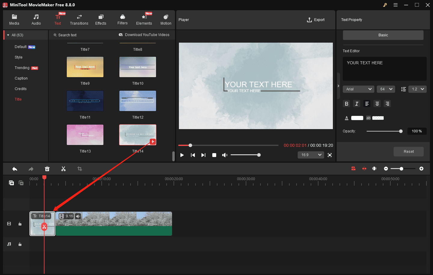 MiniTool MovieMaker interface showing how to add a title card to the video